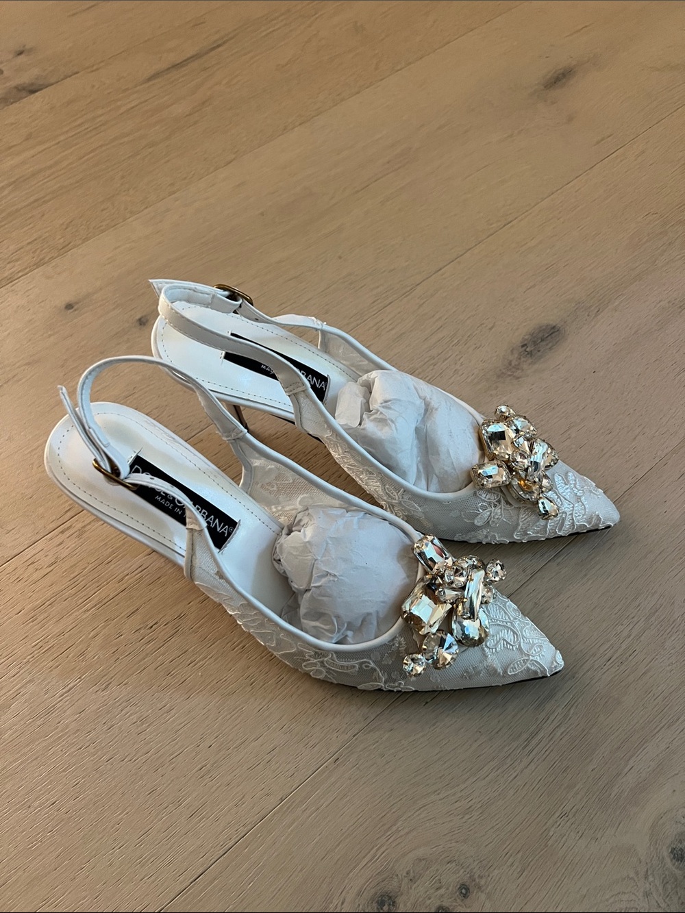 White Lace Slingback Pumps with Crystal Cluster